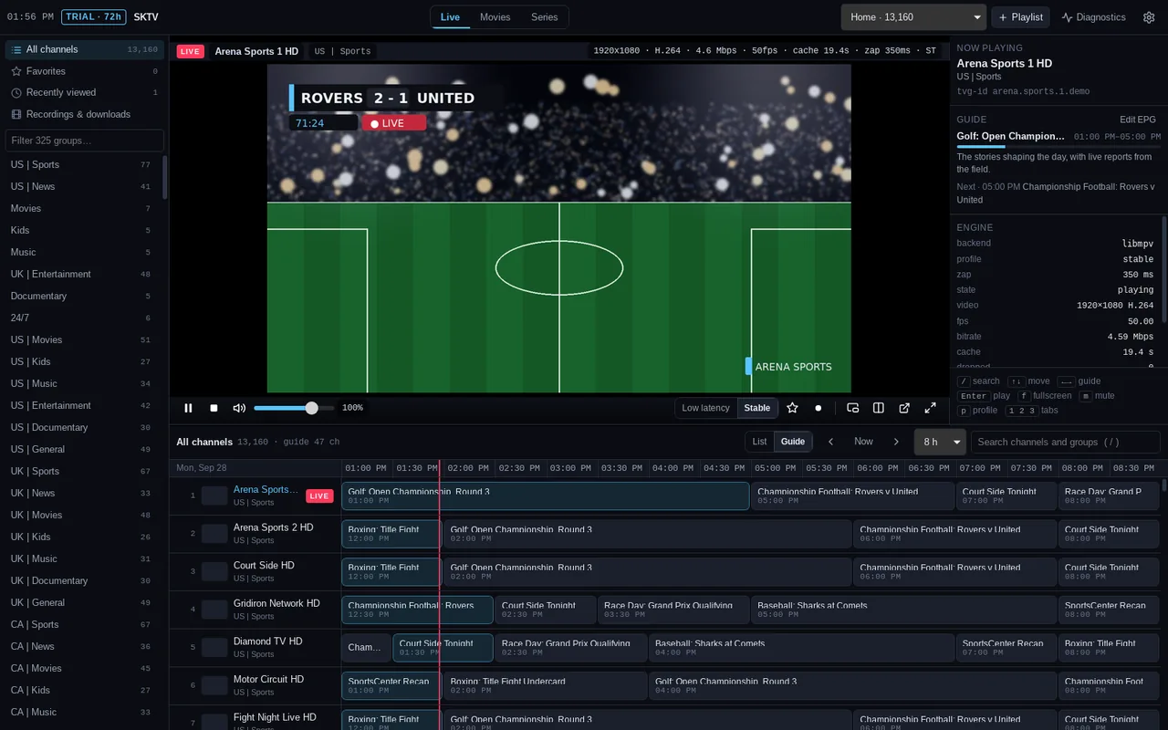 SKTV playing a live channel with the programme guide open underneath and the Now / Next card on the right